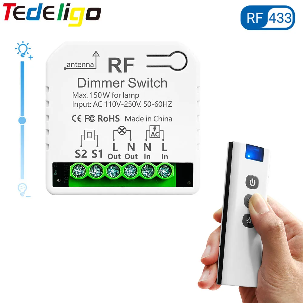 Tedeligo RF 433 МГц AC 110V 220V Диммер с регулировкой яркости света Поддержка дистанционного управления 2-полосным модулем работа со светодиодными галогенами