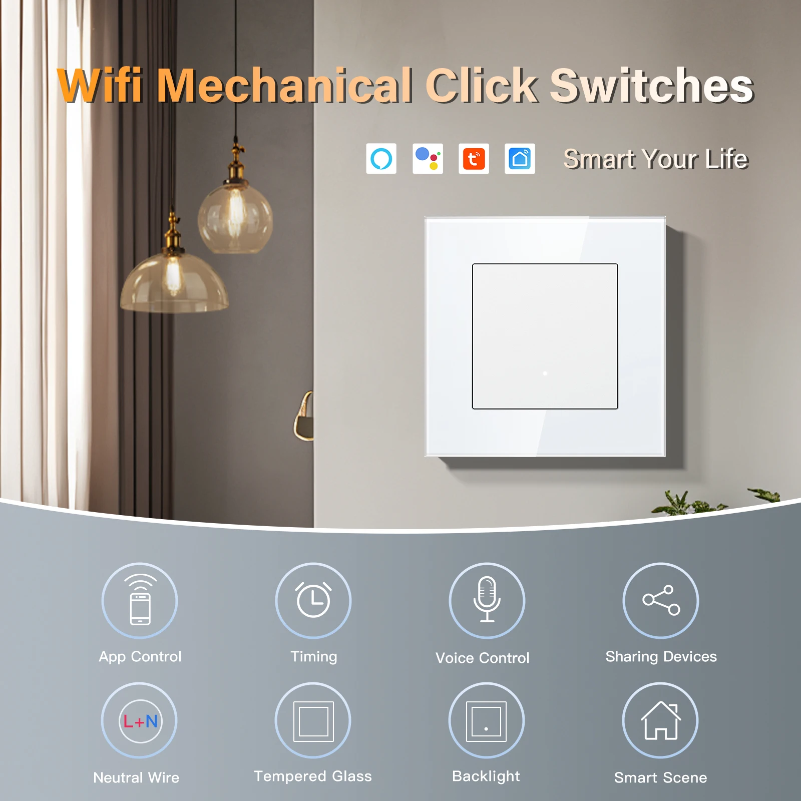 Фото Настенные умные переключатели BSEED Wi-Fi, механические кнопки 1/2/3/4Gang, приложение Tuya Smart Life с розетками европейского стандарта, USB-стеклянные рамки №3