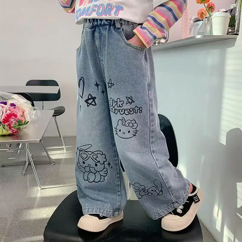 Фото Джинсы Sanrio Hello Kitty, новый стиль, широкие кавайные модные принты, весна-осень, прямые джинсы для маленьких девочек, модные модные популярные девушки в корейском стиле №2