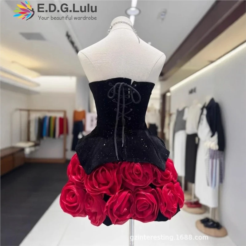 Фото EDGLuLu Design Splice Трехмерные цветы Свадебные платья для гостей Стильное мини-платье без рукавов с открытой спиной и без бретелек 0915 №4