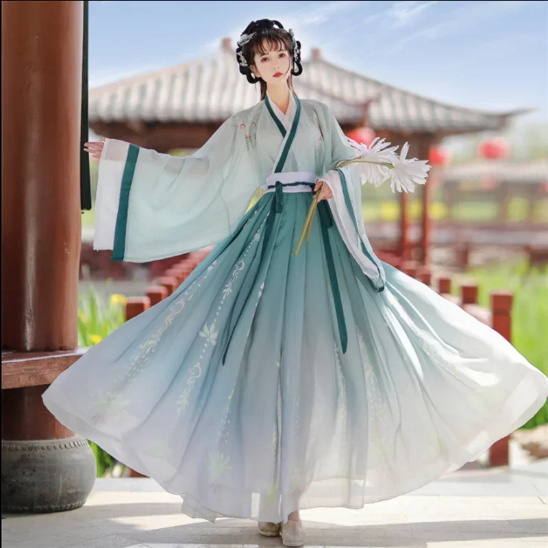 Женское платье Hanfu с традиционной китайской вышивкой для сценических танцев, женский костюм феи для косплея, костюм Hanfu с градиентом синего и зеленого цвета для женщин \