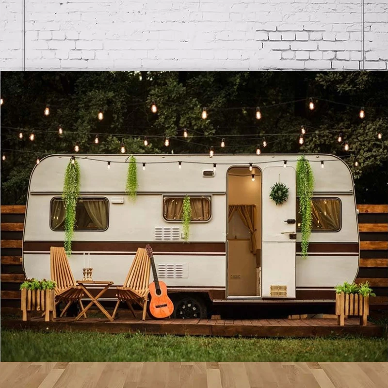 Фон для фотосъемки Кемпинг Тематический барбекю Вечеринка Фото Happy Camper Баннер Лес Ночь Фон Стена Домашняя вечеринка Баннер Плакат