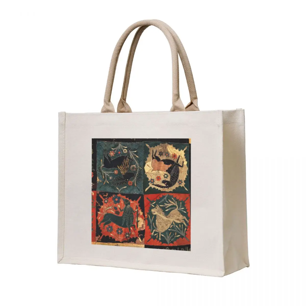 MEDIEVAL BESTIARY, DEER, UNICORN,CENTAUR AND LION Red Blue Antique Scandinavian Embroidery Tote Bag cloth bag woman