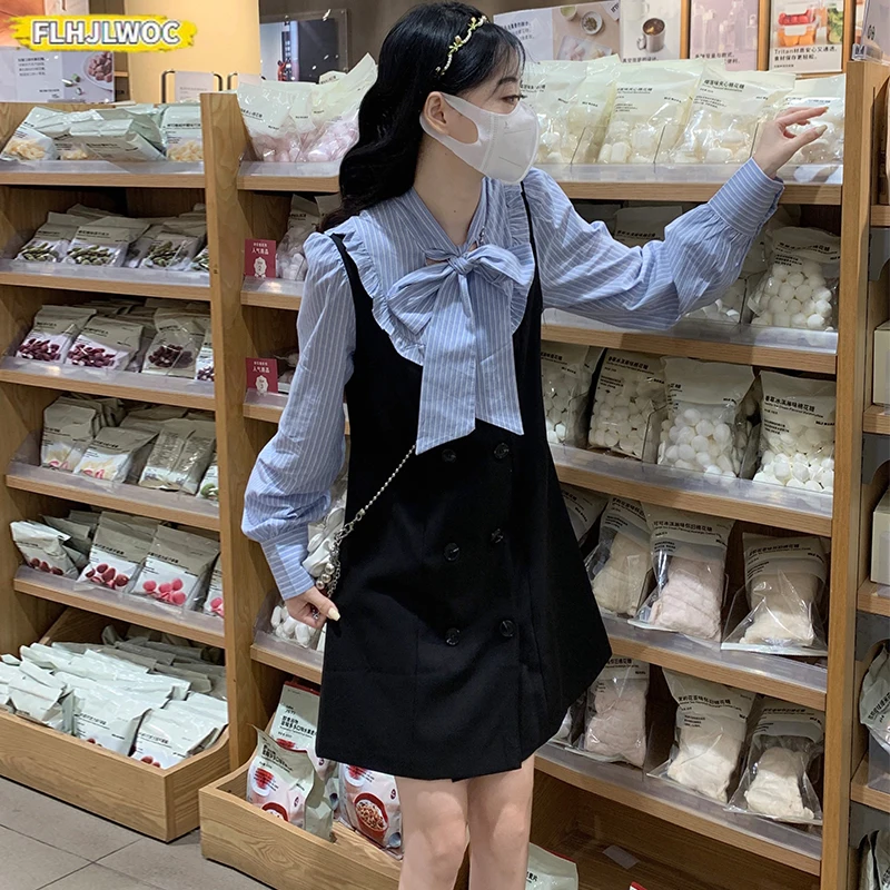 Фото Лоскутное платье-рубашка с галстуком-бабочкой Mori Girls New Year Women Japan Style Y2K Cute Sweet Fake Two Piece Design Retro Vintage Dress №2