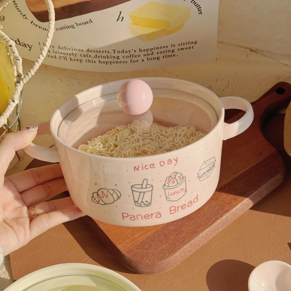 Фото Миска Kawaii Boba Ramen с ложкой и палочками для еды, кухонная посуда, милая японская керамика, лапша быстрого приготовления, фруктовый салат, суповая миска №4