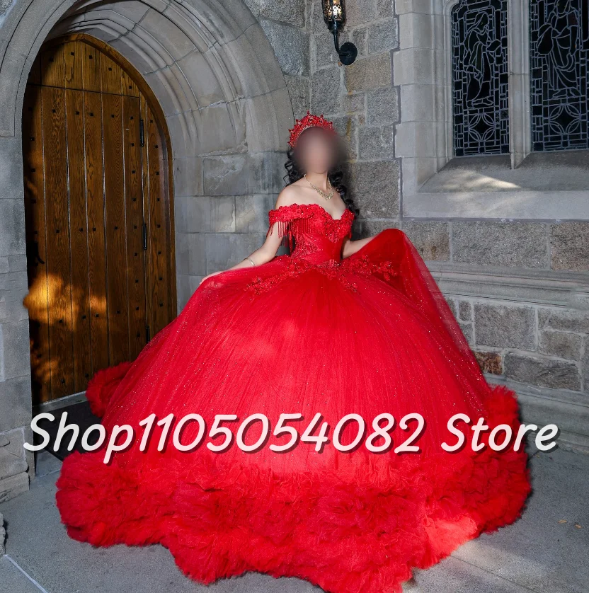 Сердечное красное яркое платье Quinceanera с застежкой на плечах и кисточками, расшитое бисером, кружевное платье с аппликацией, платья «летучая мышь-мицва», пятинадцатье взрослых по индивидуальному заказу Платья для особых случаев