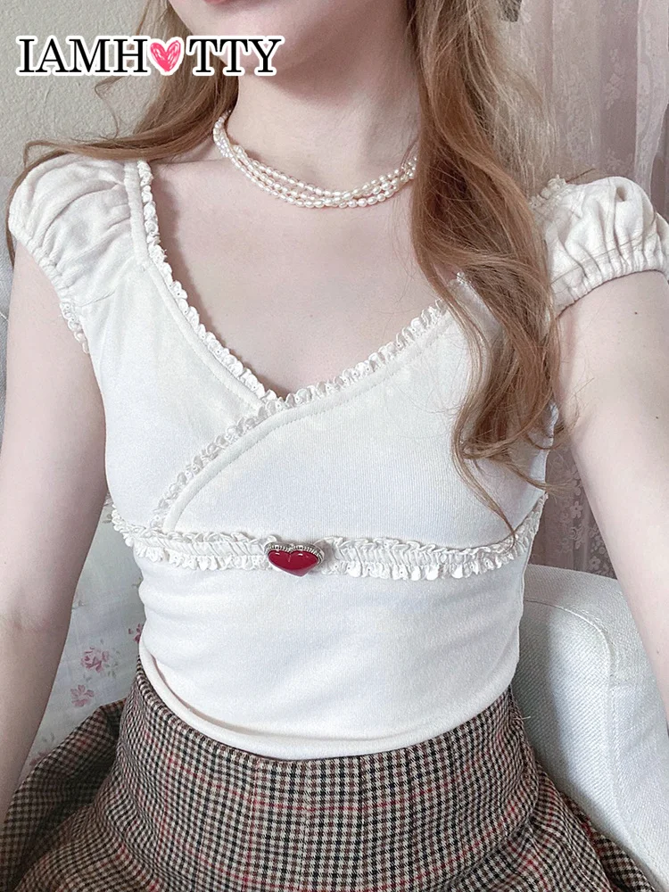 IAMHOTTY Kawaii кружевное женское базовое сердце трехмерное украшение милый топ с коротким рукавом лето 2023 милая Лолита