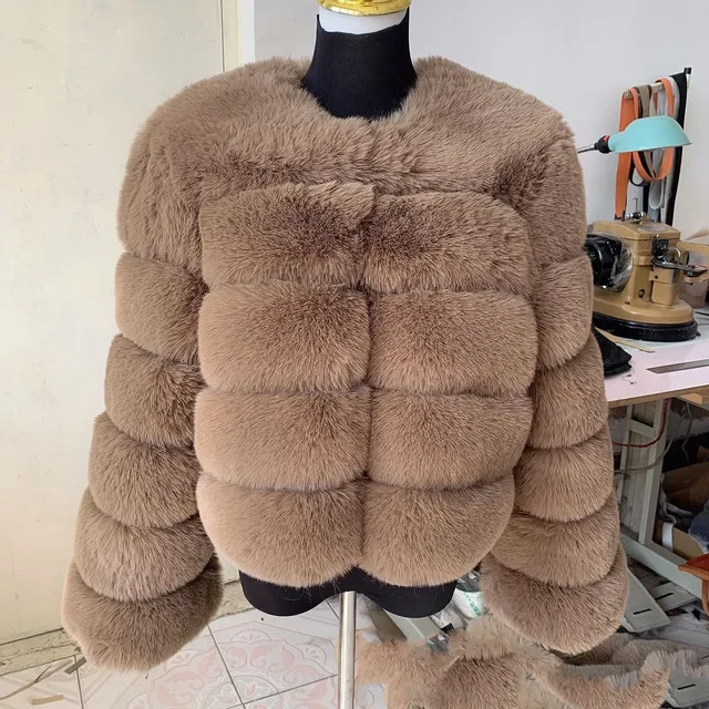 Фото Пальто женские из искусственного меха лисы короткое пальто толстое теплое с круглым вырезом макси с открытой строчкой элегантные рабочие куртки осенне-зимняя куртка №5