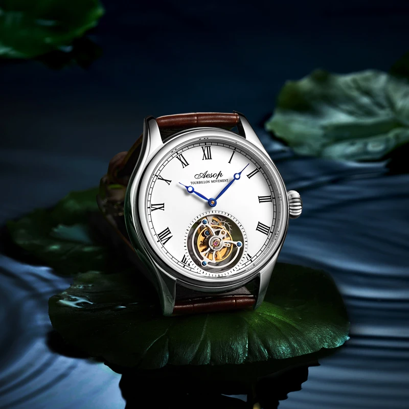 Фото Aesop Flying Tourbillon Механические настоящие сапфировые украшения Скелет Мужские часы Высокое качество Роскошные мужские наручные часы Seiko №4