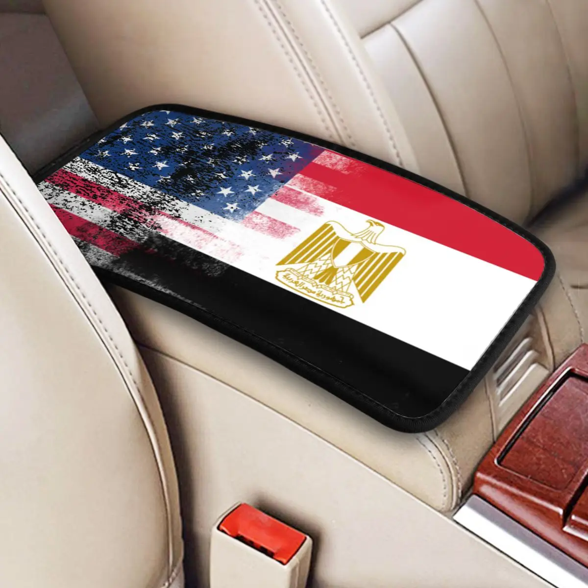 Egyptian American Half Egypt Half America Flag Center Handle Box Pad Cushion for Cars Auto Interior Breathable Armrest Cover Mat