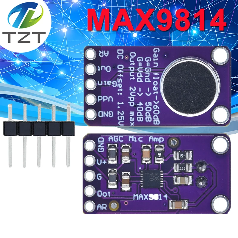 Микрофон TZT MAX9814, плата с автоматическим управлением усилением для Arduino, с программируемым коэффициентом атаки и высвобождения, с низким уровнем THD