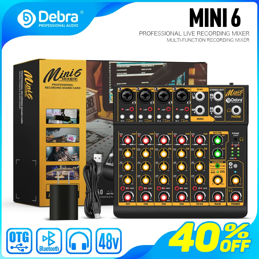 Debra Mini6 6-канальный металлический микшер с аудиоинтерфейсом и задержкой Bluetooth OTG, эффект Repaeat для звукового микшера, консоли для записи ПК