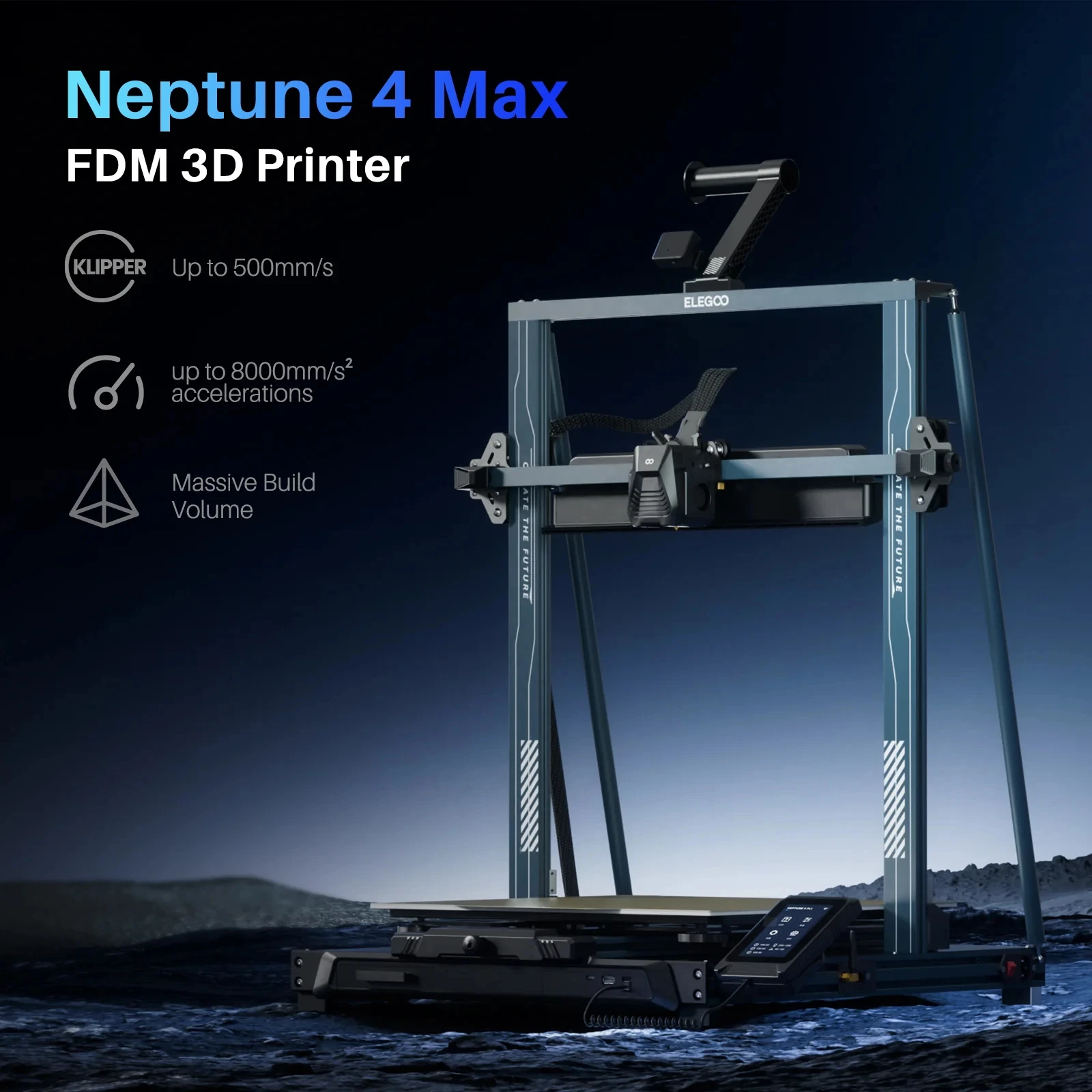 ELEGOO Нептун 4 MAX FDM 3D-принтер со скоростью печати до 500 мм/с, высокоскоростная материнская плата Klipper, объем сборки 420x420x480 мм