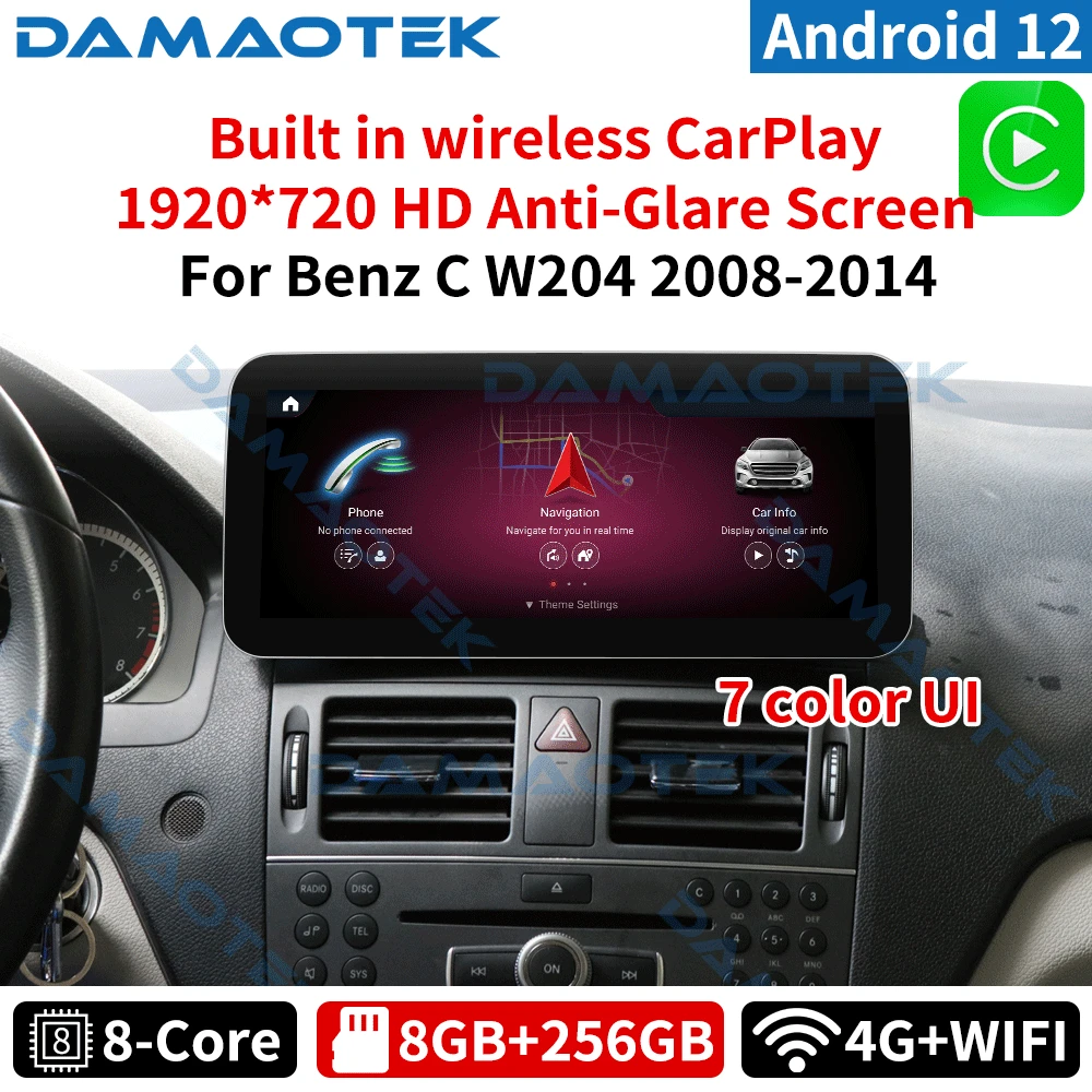 Автомобильная Мультимедийная система DamaoTek, Android 12,0, 10,25 дюйма, 8 + 128 ГБ, для Mercedes Benz C W204 GLC 2008-2014, беспроводной carplay, Wi-Fi, 4G