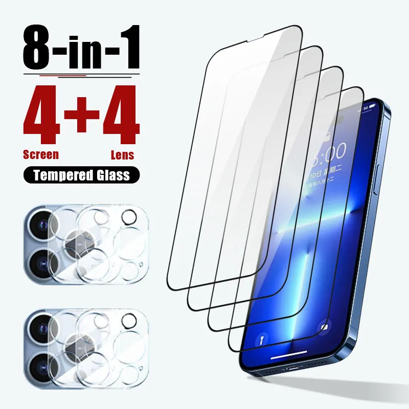 8 в 1 защита экрана телефона для iPhone 14 plus 15 pro max 13 12 mini 11 полное покрытие объектива камеры Закаленное стекло Защитная пленка