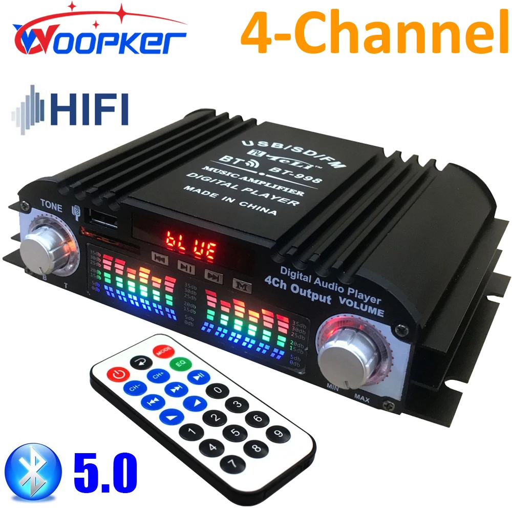 Усилитель звука Woopker, 4-канальный цифровой Hi-Fi усилитель с поддержкой Bluetooth, USB, SD, AUX, FM, DC 12 В, 5 А