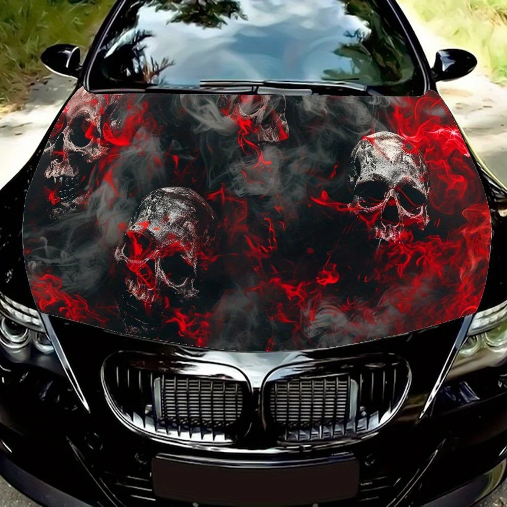 Gloomy Skull Inferno Abyss Design Виниловая наклейка на капот автомобиля, наклейка на двигатель автомобиля, водонепроницаемая самоклеящаяся крышка для упаковки автомобиля,