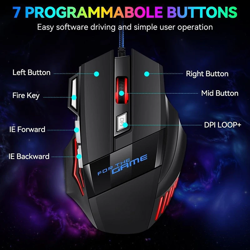 Фото Проводная игровая USB-мышь с RGB-подсветкой, эргономичная игровая мышь, 2400 точек на дюйм, регулируемая, 7 клавиш, 7 цветов для ноутбуков, ноутбуков, настольных принадлежностей №2