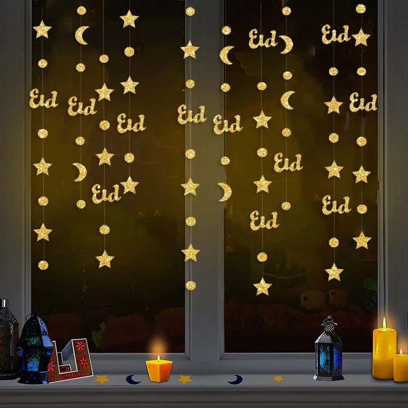 Золотой Eid Mubarak Рамадан Декор Звезда Луна круг точка полумесяц лампа гирлянды для фона для дома мусульманская фотография