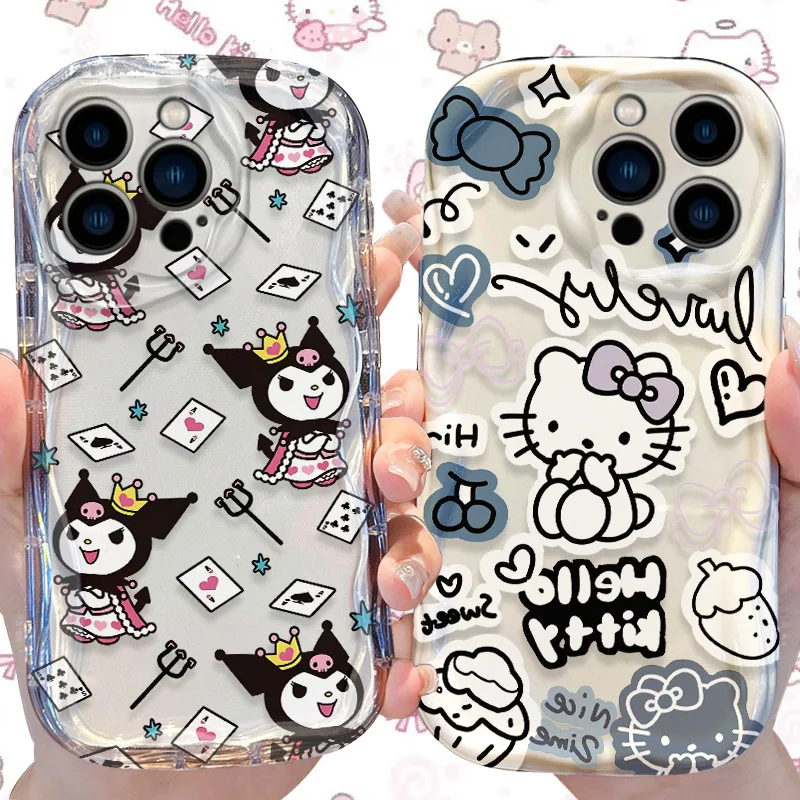 Sanrio Hello Kitty Kuromi Wave Case for iPhone 16 15 14 Pro Max 13 12 Mini 11 XS X XR 8 7 Plus SE 2022 2020 Soft Cover Funda