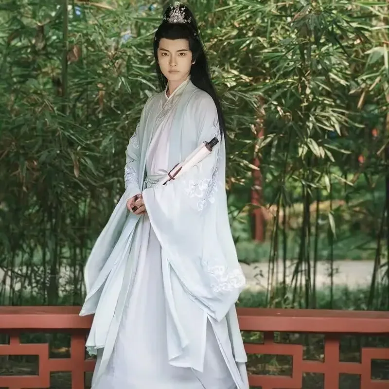 Фото Disfraz Hanfu традиционное китайское мужское, traje Косплей Хэллоуин, camisa azul y blanca antigua, conjuntos falda, №4