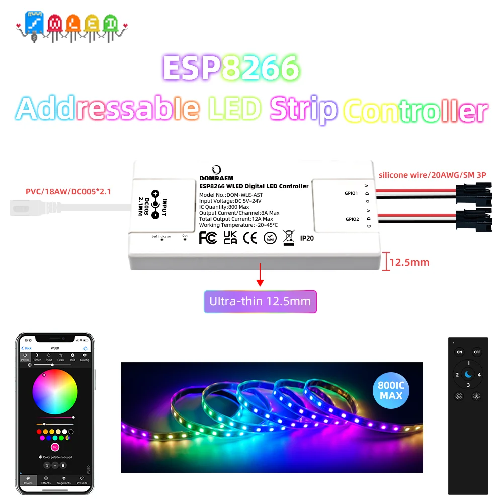 Контроллер светодиодных лент DOMRAEM ESP8266 WLED — ультратонкий 2CH 12A Max, приводы 800ICs, совместимость с WS2811/WS2814/SK19703, SPI Effec