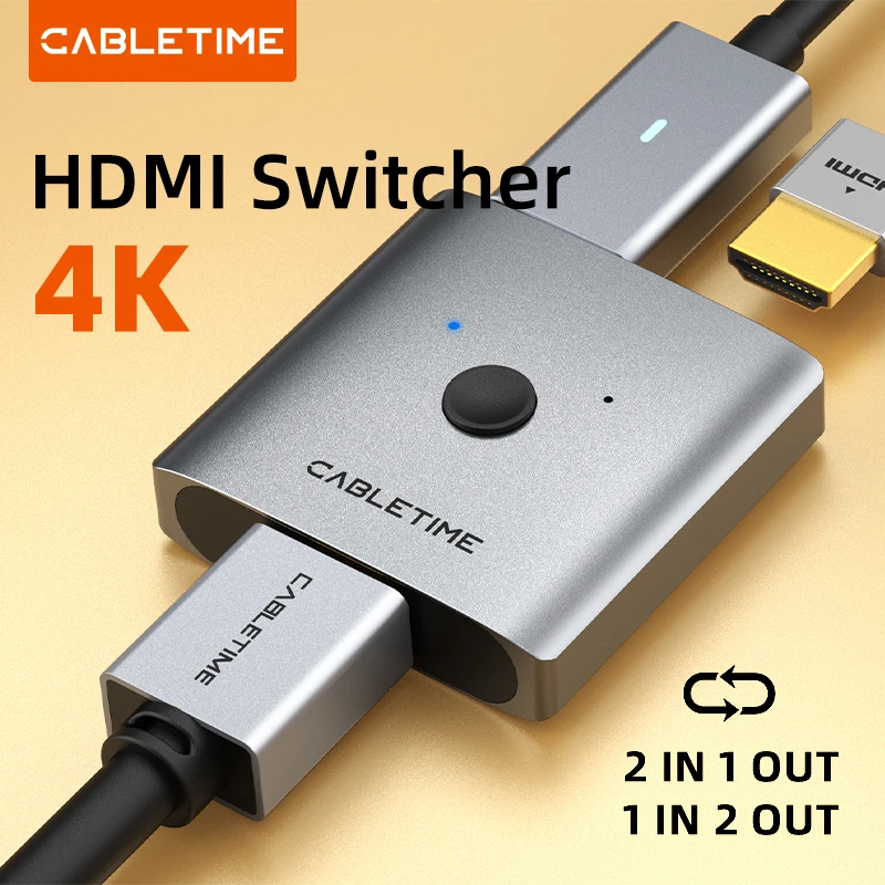 CABLETIME HDMI-переключатель-сплиттер 4K 2 в 1 выход 60 Гц HDMI-совместимый концентратор 2.0 для ПК, ноутбука, HDTV, Xbox PS4, PS5, ТВ, Macbook