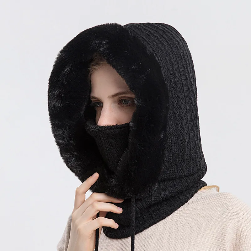 Фото Winter Thick Faux Fur Knitted Hats for Women Cashmere Neck Warm Beanies Mask Set Hooded Russia Windproof Plush Fluffy Ski Hats №1