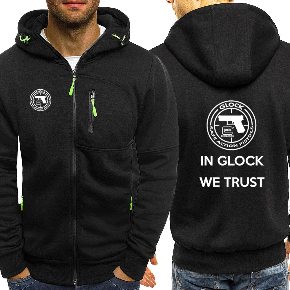 Фото Мужская куртка с капюшоном Glock, однотонная Повседневная Толстовка с длинными рукавами и застежкой-молнией, 2023 №4