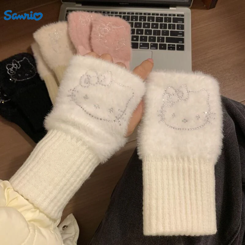 Фото Sanrio Hello Kitty Женские Зимние Теплые Вязаные Перчатки Без Пальцев, Мягкие Плюшевые Перчатки С Героями Мультфильмов №5