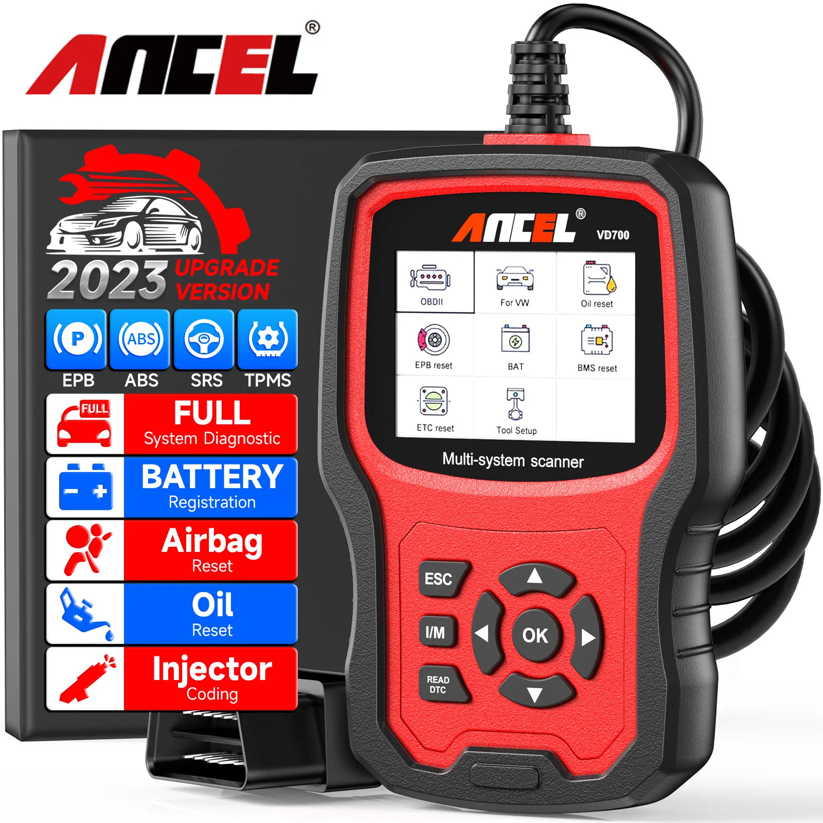 Фото Профессиональный сканер ANCEL VD700 OBD2 для VW, Audi, Seat, Skoda Oil, EPB, SAS, TPMS, полный считыватель кодов системы №1
