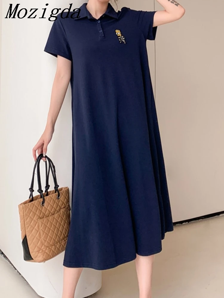 Летнее новое корейское женское платье больших размеров с вышивкой, Vestidos, халат Elbise, свободные длинные женские платья-поло с короткими рукавами