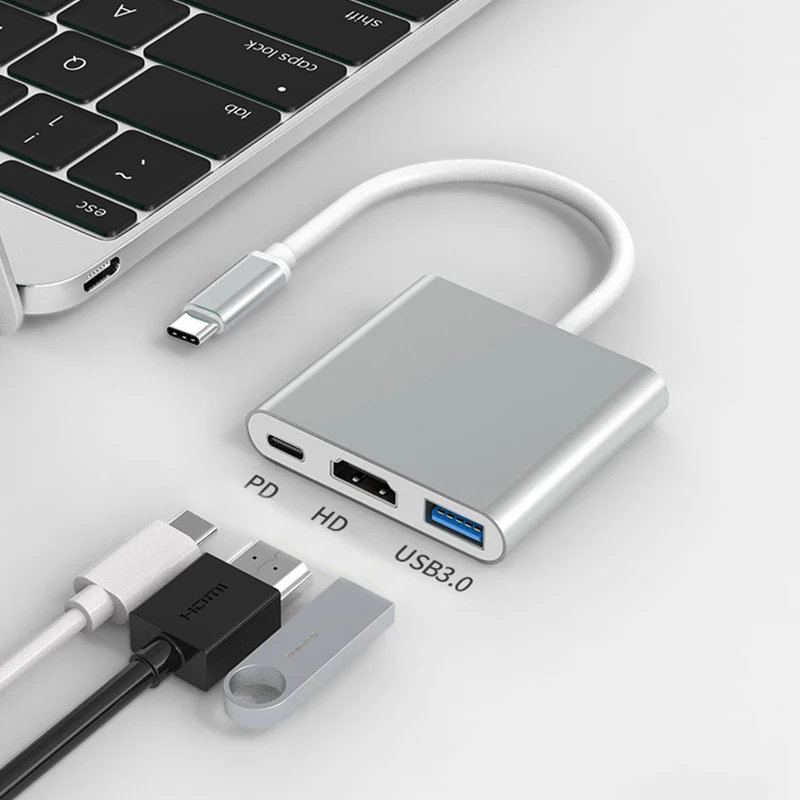 USB-концентратор 3 в 1, USB-концентратор типа C в HDMI-совместимый разветвитель, концентратор Type-c в HDMI-совместимая док-станция USB3.0 для конвертера Macbook