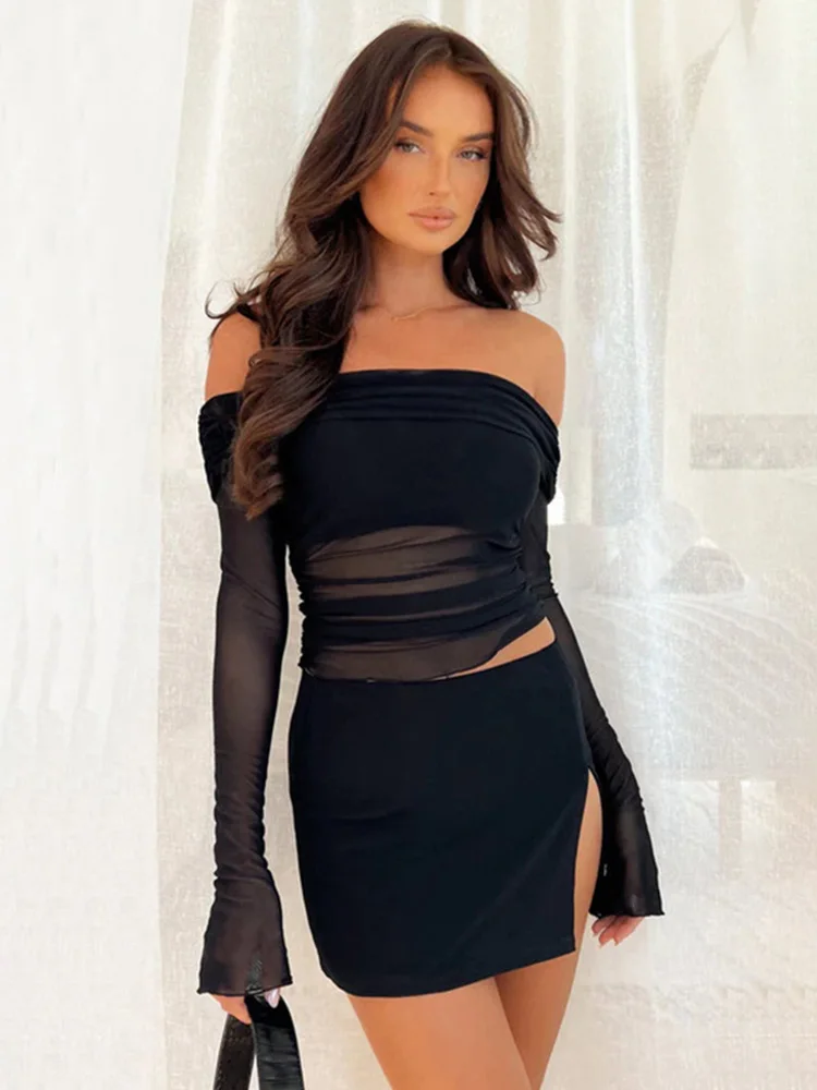 Фото New Arrival Autumn Fashionable Elegant Sexy Off-shoulder Slimming Mesh Long Sleeve Cropped Top For Women Smooths Your Silhouette №2