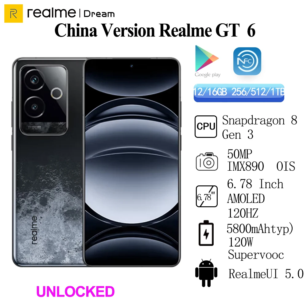 Оригинальный мобильный телефон Realme GT 6,78 дюйма AMOLED 120 Гц Snapdragon 8 Gen 3 OTA 120 Вт зарядка 5800 мАч аккумулятор 50,0 МП Android 14,0