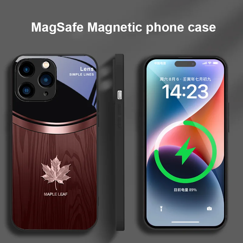 Фото Для iPhone 16 8 Plus X 14 Mini 13 15 12 11 Pro XS MAX e XR магнитный чехол для телефона из закаленного стекла, высококачественный кленовый лист под дерево №2