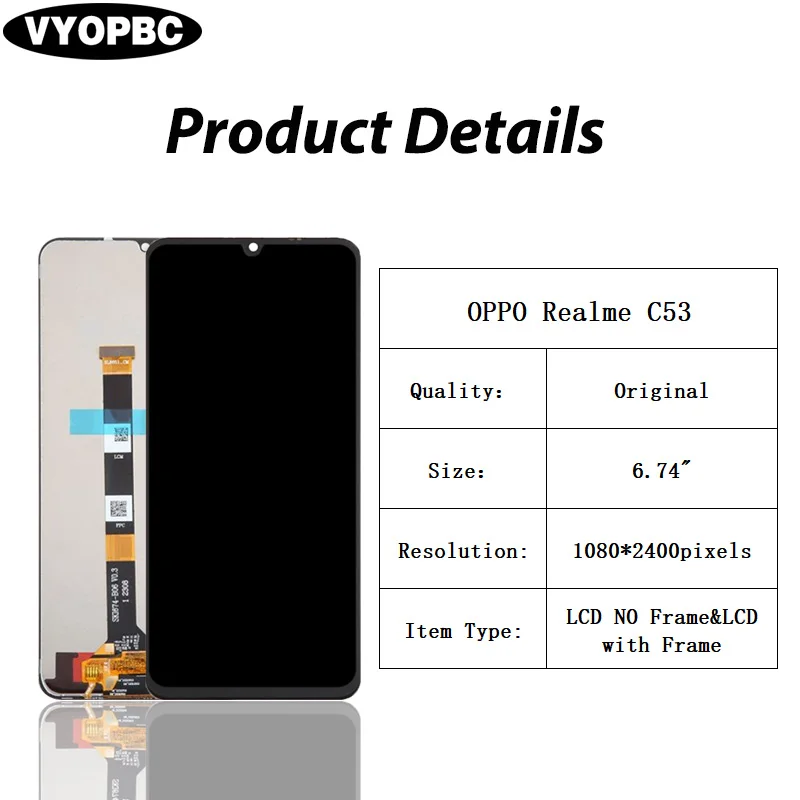 Оригинальный ЖК-дисплей для OPPO Realme C53 с рамкой и дигитайзером в сборе, запасные части для ремонта, сенсорный экран RMX3760 (art.: 3920c41410b0c) - 3920c41410b0c
