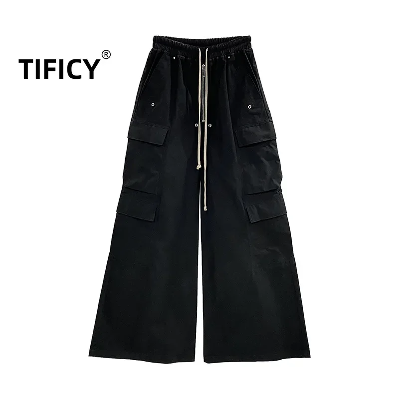 Фото TIFICY High Street Хлопковые брюки Мужская новая рабочая одежда с большими карманами Темные и большие свободные и широкие повседневные черные длинные брюки №5