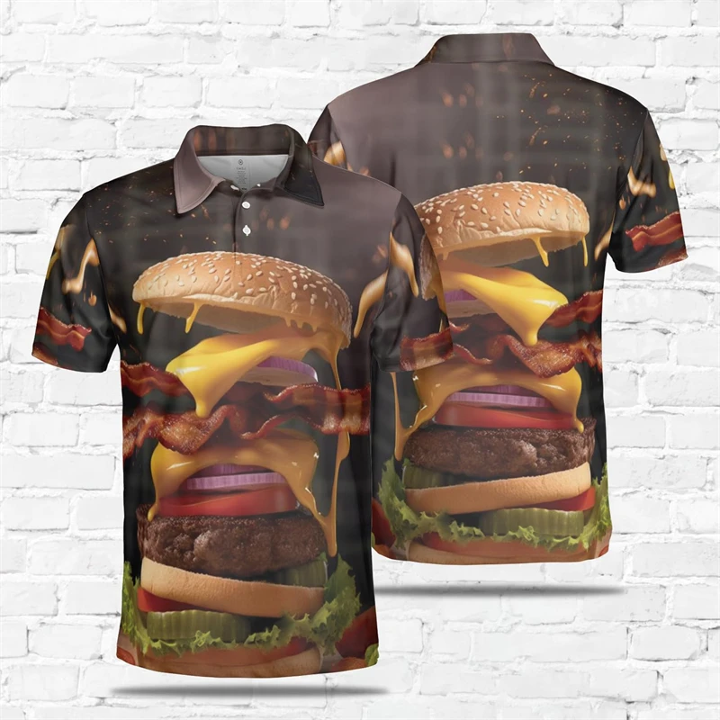 Фото Delicious Food 3D Print Polo Shirts For Men Clothes Harajuku Fashion Design Short Sleeve POLO Shirt Noodle Hamburger Pizza Tops №4