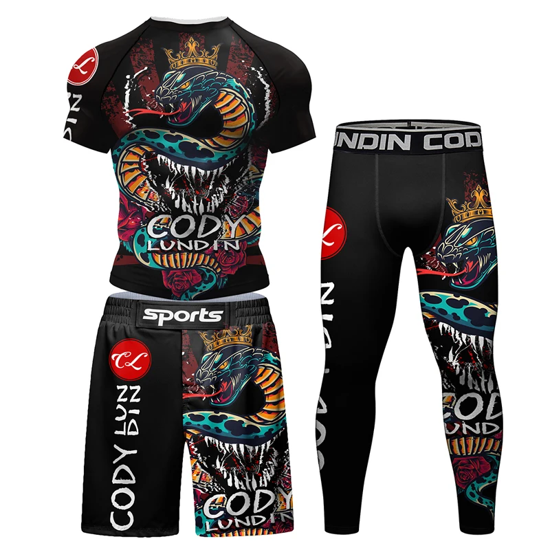 Фото Новые Rashguards MMA футболка для занятий боксом мужские джиу-джитсу кикбоксинг 4 шт./костюм Муай Тай шорты спортивная одежда Bjj Gi №3