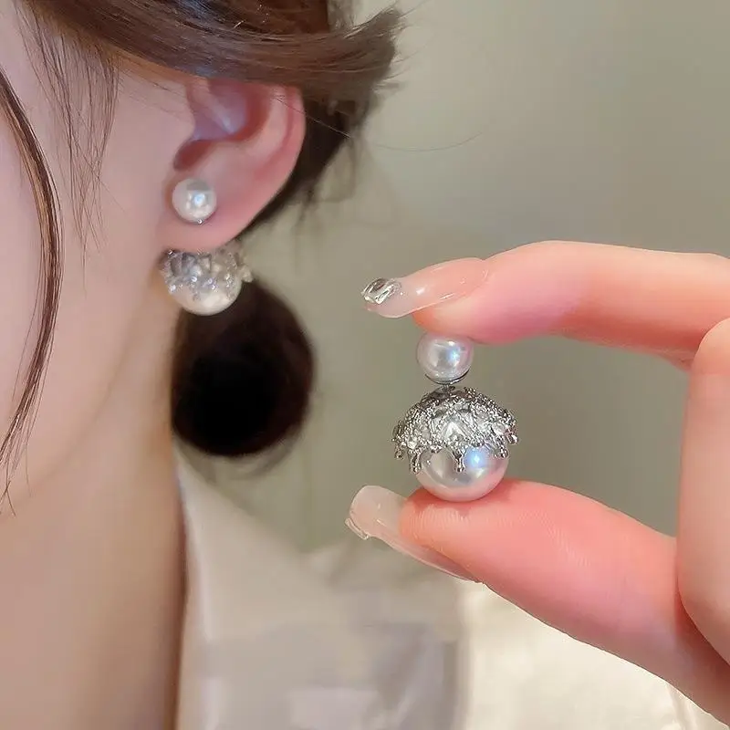 Женские серьги-гвоздики из серебра 925 пробы, с двумя жемчужинами