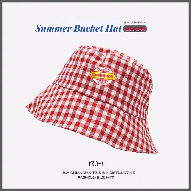 Topi Bob Cochonou kotak-kotak merah cantik wanita, topi декабря musim panas dewasa kasual katun reversibel luar ruangan grosir