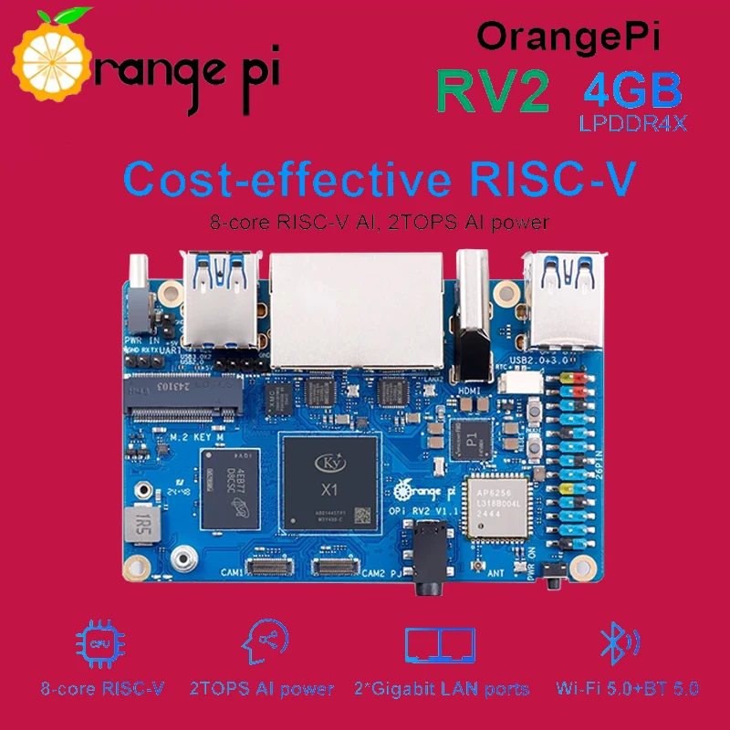 Orange Pi RV2 4 ГБ ОЗУ Одноплатный DDR4 8-ядерный процессор RISC-V 2TOPS AI M2 PCIE SSD WiFi BT5.0 BLE Мини-ПК Поддержка Ubuntu OS