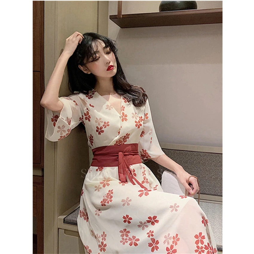 Фото Gaun Wanita Musim Panas Gaya Jepang Harajuku Antik Bunga Pakaian Pantai 70 ngah Lengan Wanita Tipis Retro Tipis Gaun Pesta Jepang №5