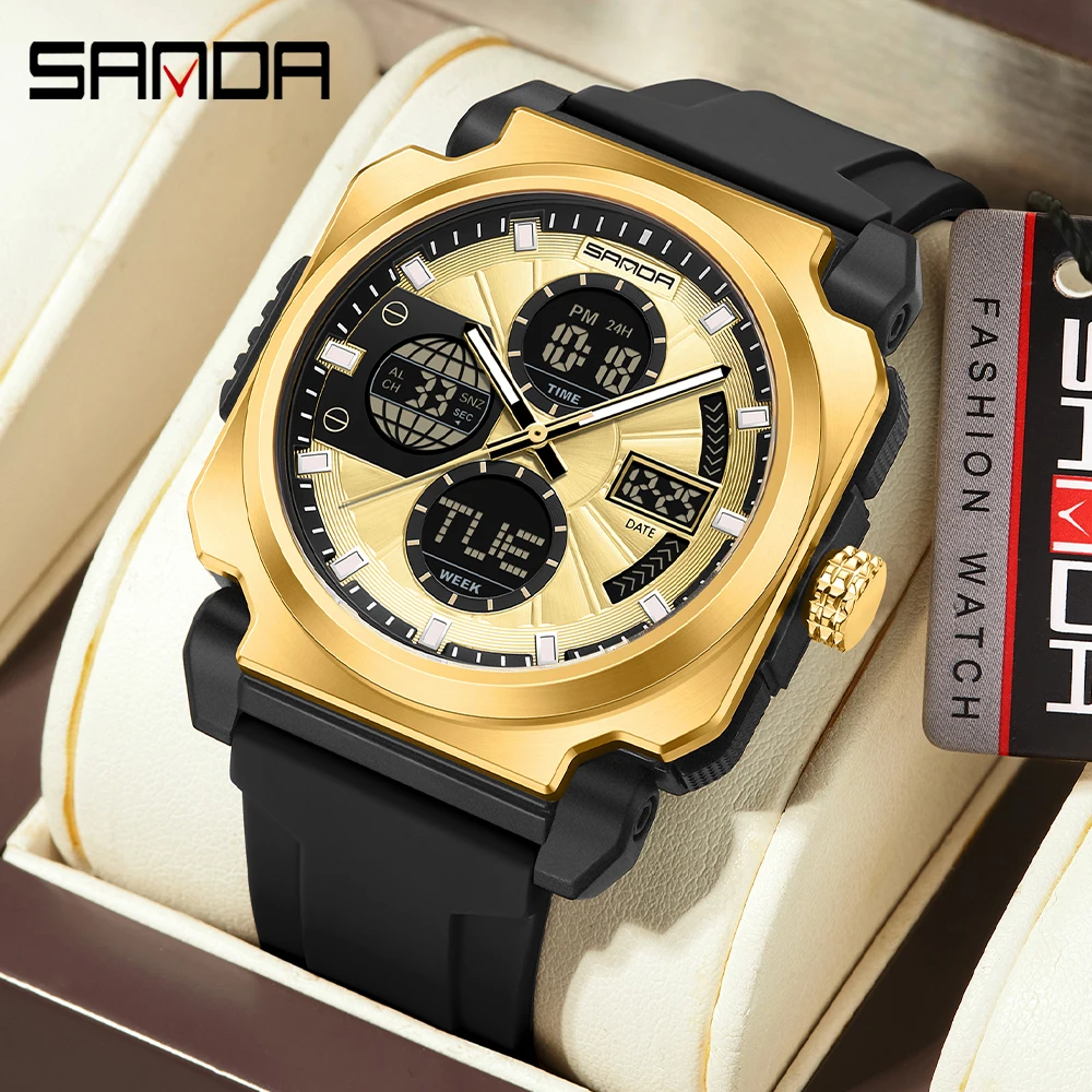 SANDA 3377 Спортивные мужские электронные часы с двойным экраном Многофункциональные водонепроницаемые мужские электронные часы с ночником