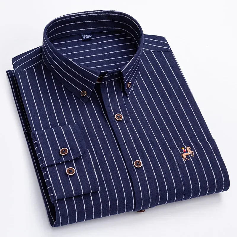 Фото M ~ 6XL Мужская модная рубашка с длинным рукавом из хлопка в полоску Оксфорд, повседневные деловые классические рубашки с одним карманом и пуговицами обычного кроя №2