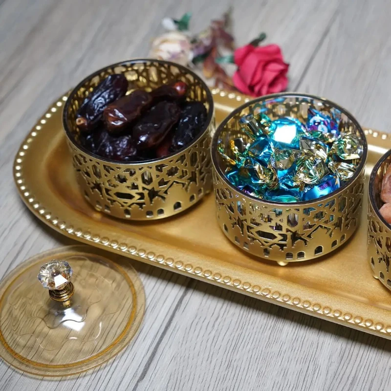 Фото Поднос для закусок, металлическая коробка для хранения сухофруктов с крышкой, декоративный поднос для Рамадана для дома, исламский мусульманский фестиваль, вечерние подарки №2