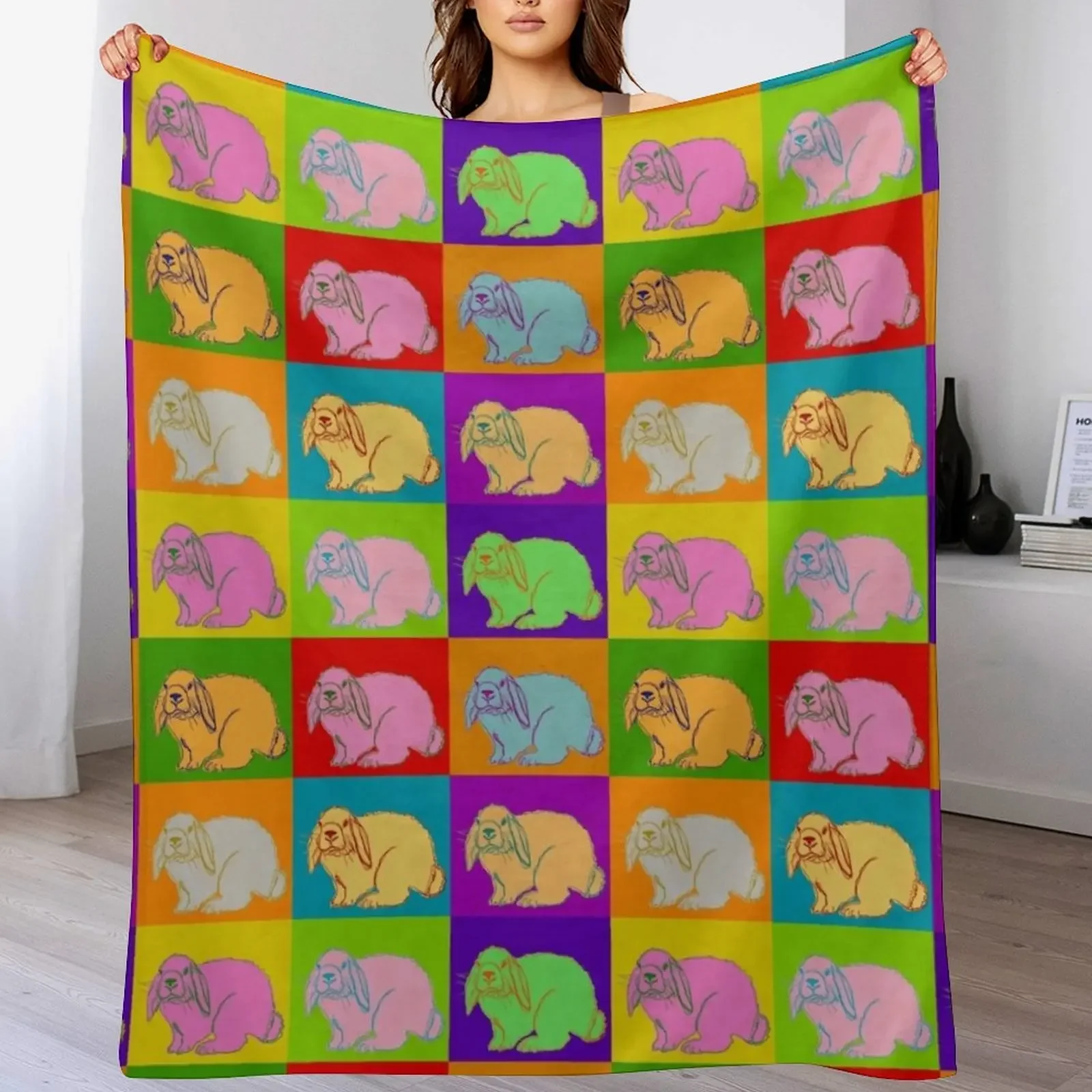 Lop Rabbit, Popart, Holland Lop, Mini Lop, French Lop, Retro, 70s, Original Art, Cute Bunny, 4H, Rabbits, Farm Ani Throw Blanket