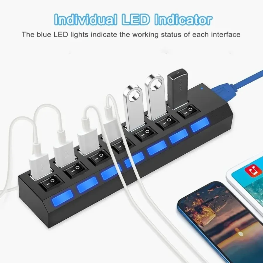 Фото Концентратор USB 3.0 2.0, высокоскоростной 4/7 портов, мульти-USB-сплиттер, USB-адаптер-расширитель для настольного ПК, ноутбука, адаптер с кабелем переключателя №3