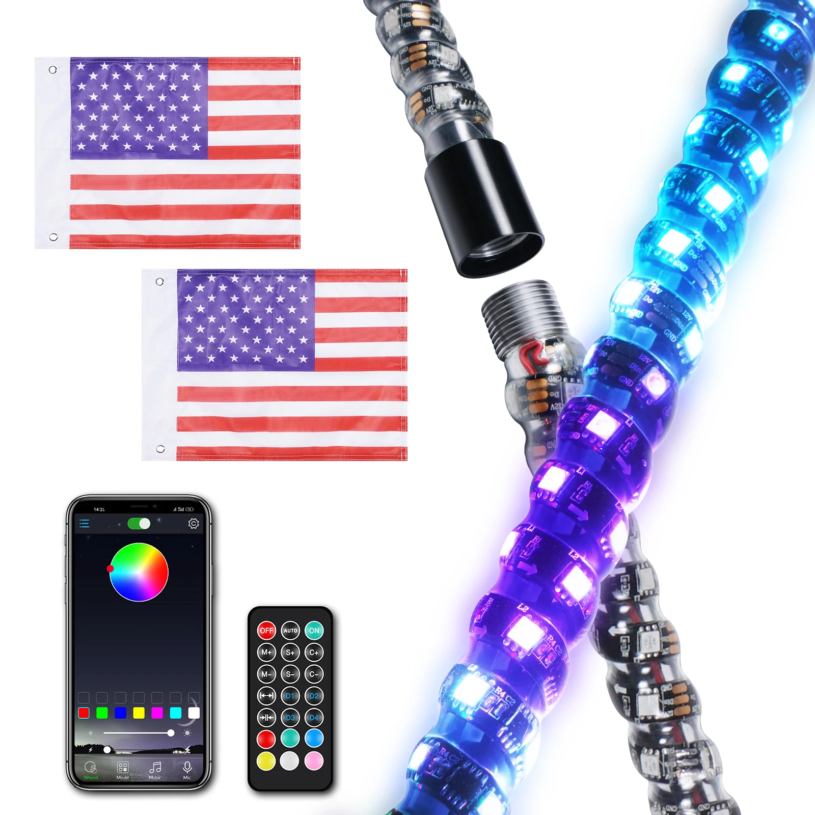 Bevinsee 3FT 4FT 5FT 6FT светодиодный Whip Lights с приложением и дистанционным управлением, разноцветная музыкальная фотолампа для UTV ATV RZR Can-Am